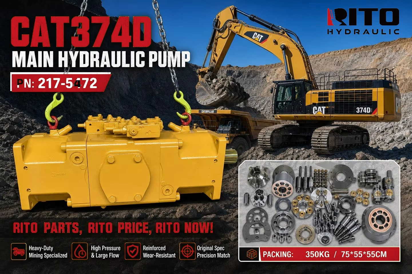 Fallo de la bomba hidráulica CAT 374D: ¿conjunto completo o piezas internas? (369-9676 / 217-5472)