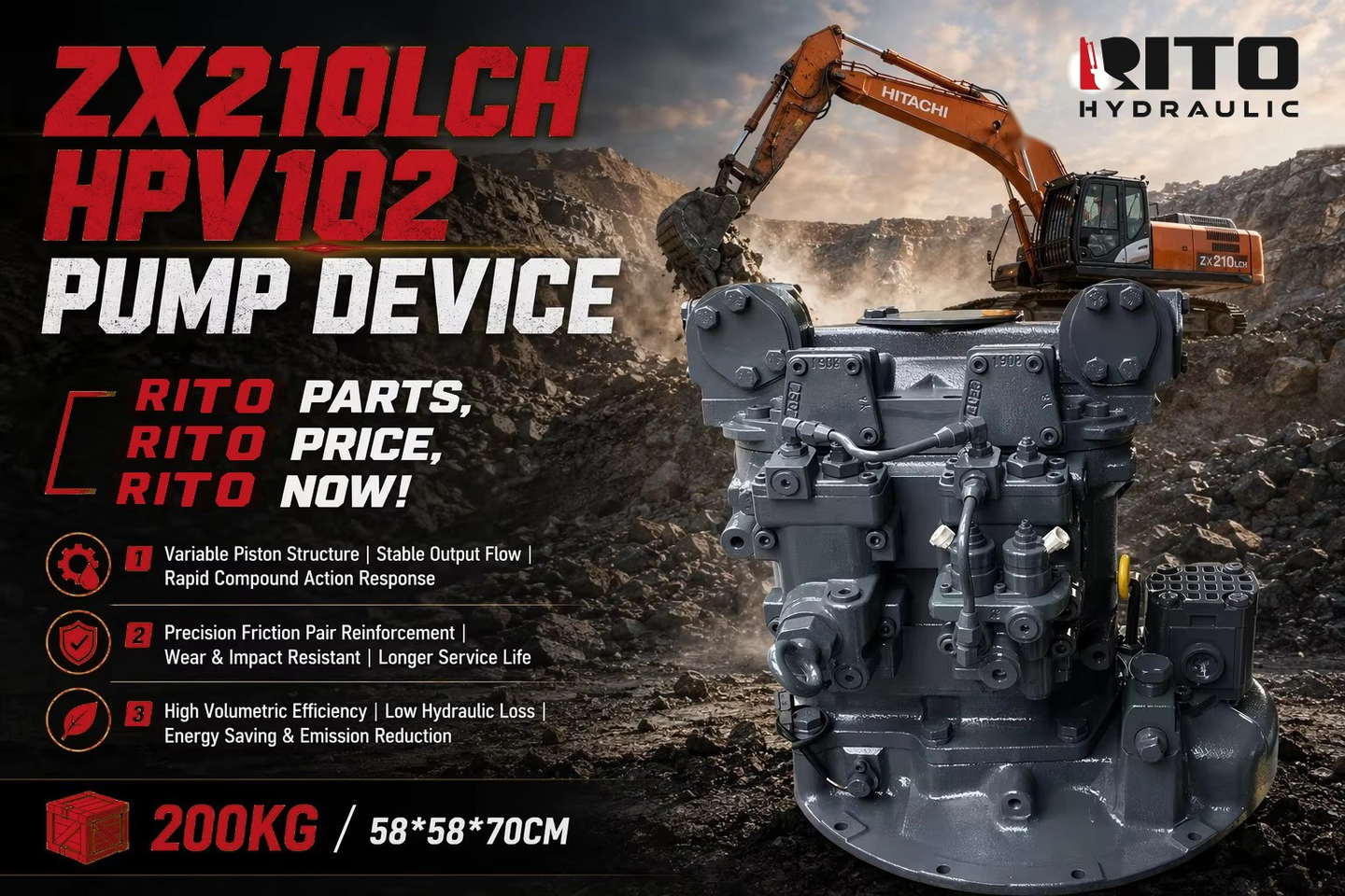 Bomba hidráulica Hitachi HPV102: variantes, números de pieza y compatibilidad para ZX200 / ZX210 / ZX230 / ZX270