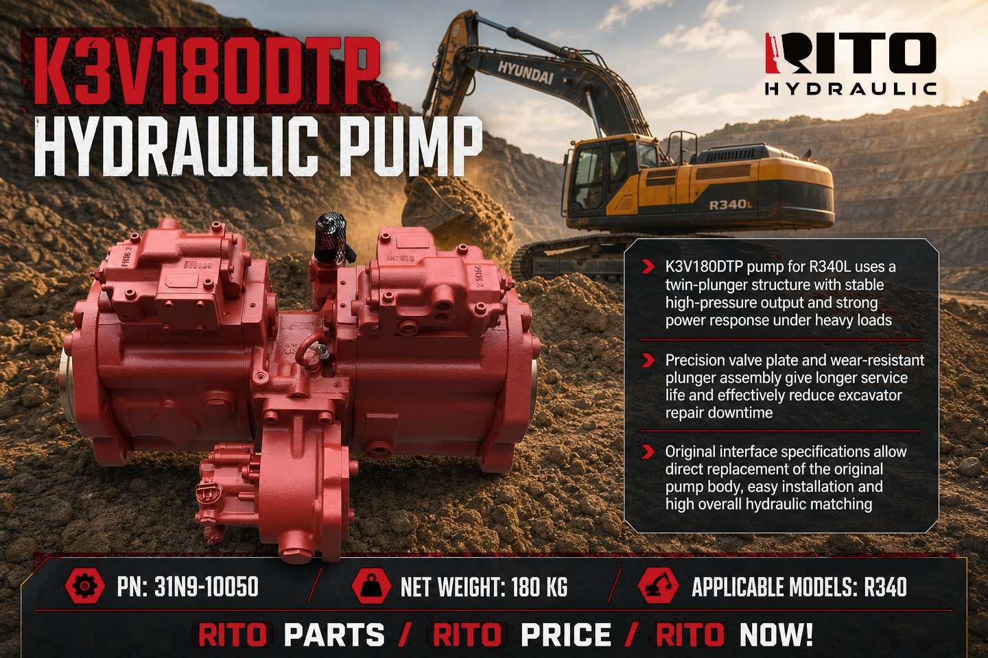 Bomba hidráulica Kawasaki K3V180DTP para Hyundai R340/R340L: especificaciones, características y guía de compra (2026)