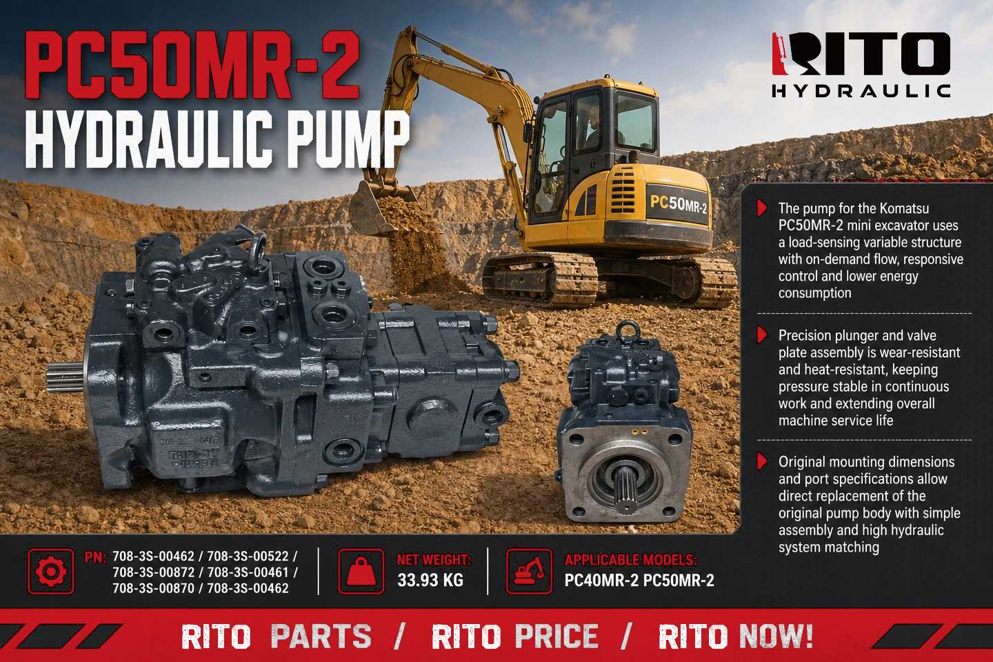 Bomba hidráulica para Komatsu PC40MR-2 / PC50MR-2: cómo encontrar el número de pieza correcto (708-3S-00462 y alternativas, 2026)