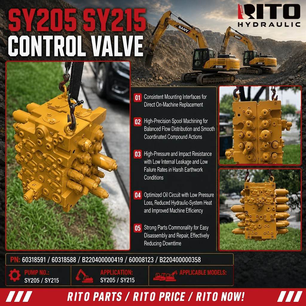 ¿Cómo funciona la válvula de control principal en una SANY SY205 o SY215?