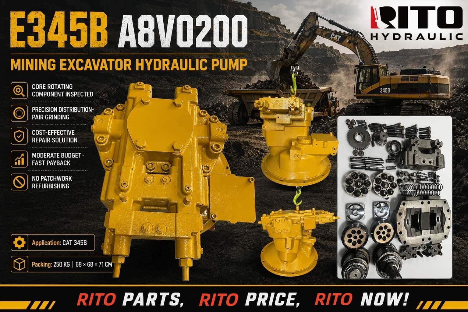 Bomba hidráulica Caterpillar 345B A8VO200: especificaciones completas, características y guía de compra (2026)
